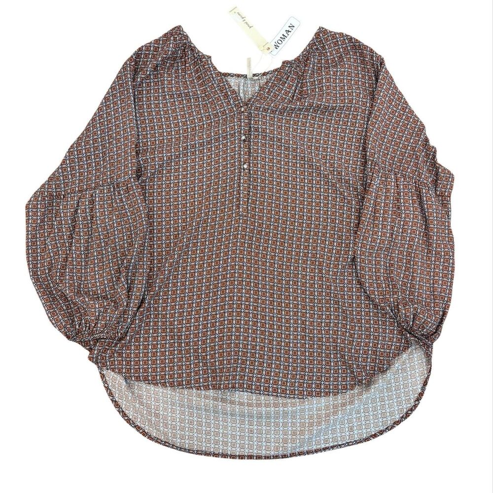 Grand & Greene V-Neck Top‎ 2X Rhinestone Buttons 3/4 Bishop Sleeves Casual Comfy
